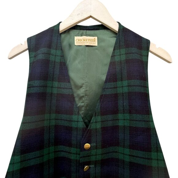 Cricketeer Mens Vest M/L Navy Green Plaid Preppy Scottish Tartan Wool - Picture 2 of 7